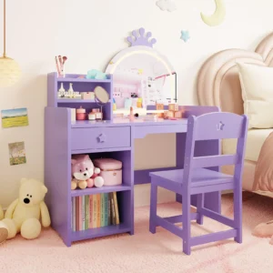 LED Crown Mirror Kids Vanity Table & Chair Set